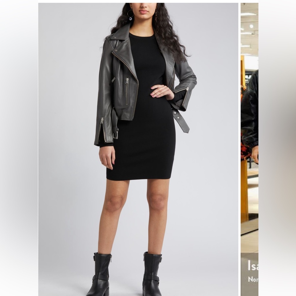 OPEN EDIT Fine Ribbed Long Sleeve Crewneck Mini Sweater Dress - Black - XS